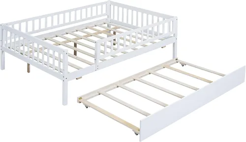 Vista 7 de P PURLOVE Sofá cama matrimonial con nido, marco de sofá cama con barandillas de valla, sofá cama de madera para niños, niñas y adolescentes jóvenes