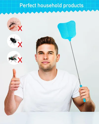 Vista 7 de Wapodeai Paquete de 2 matamoscas resistente, matamoscas telescópico, mango de acero inoxidable para matamoscas (azul)