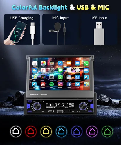 Vista 4 de Estéreo de Coche DIN Simple Abatible de 7 Pulgadas con CarPlay Inalámbrico y Android Auto - Pantalla Táctil IPS, Bluetooth 5.0, Cámara de Respaldo