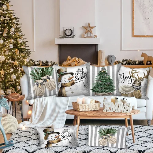 Vista 3 de Lanpn Juego de 4 fundas de almohada navideñas de invierno de 20 x 20 pulgadas, guantes de muñeco de nieve, alce, eucalipto, funda de cojín
