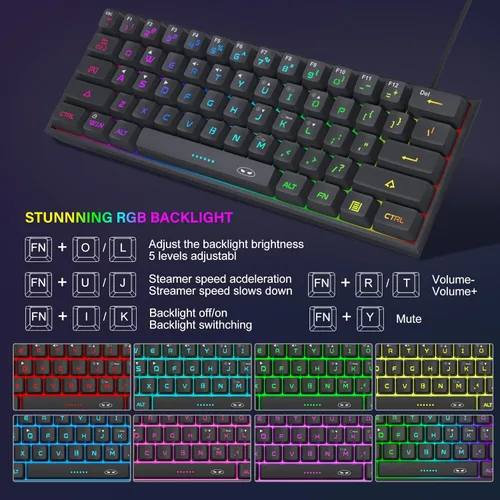 Vista 4 de MageGee Teclado mini 60% para juegos, retroiluminado RGB de 61 teclas ultra compacto, TS91 ergonómico, impermeable, sensación mecánica, teclados
