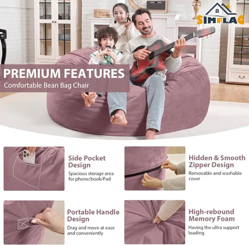 Vista 158 de Puf de 5 pies, puf grande con relleno de espuma viscoelástica, sofá puff esponjoso con funda de terciopelo holandés, puf redondo para sala de estar