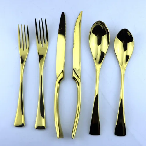 Vista 9 de Juego de cubiertos dorados de acero inoxidable pulido con espejo, cuchillo de carne, tenedor, tenedor de ensalada, cuchara de postre, 6 piezas