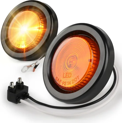 MAXXHAUL 80652 luz LED de balizamiento y gálibo lateral redonda de 2 pulgadas color ámbar con arandela para remolque, camión y RV, paquete de 2