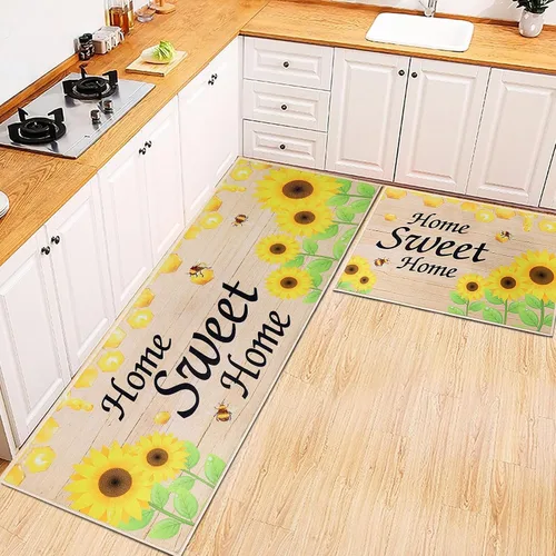 Juego de 2 alfombras de cocina lavables para piso, hogar, fregadero, baño, antideslizante, acolchado, girasol, alfombra de cocina, alfombra de pie