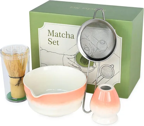 Vista 8 de Juego de batidor de matcha verde, kit de té japonés con batidor y cuchara de bambú, Chawan de cerámica con boquilla para ceremonia de té