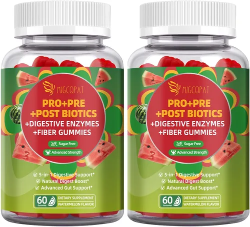 Vista 10 de Migcopat Gomitas de probióticos pre post, enzimas digestivas prebióticas prebióticas posbióticas con fibra, 120 mil millones de probióticos UFC