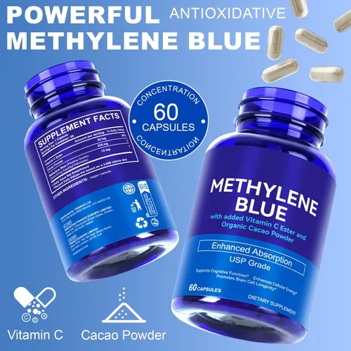 Vista 2 de Cápsulas azul de metileno grado USP 12 mg – Suplemento de alta pureza con éster de vitamina C y cacao, apoya la función cognitiva y energía celular
