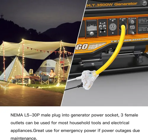 Vista 3 de Cable de alimentación para generador de 30 amperios a 110, adaptador de generador de 3 clavijas de 30 amperios a 15 A, enchufe de alimentación macho