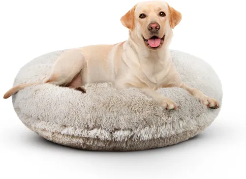 Vista 14 de Bessie + Barnie Cama para perro Bagel – Cama de puf de piel sintética extra afelpada – Cama circular para perro – Forro impermeable y funda lavable