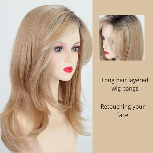 Vista 3 de Fencca Pelucas rubias degradadas con reflejos para mujer, peluca ondulada en capas con flequillo, sintética natural, resistente al calor