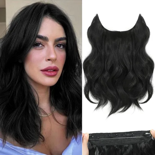 Vista 36 de Extensiones de cabello tipo halo de 20 pulgadas, extensiones de cabello con alambre invisible ajustable, largo, ondulado, sintético, mejorado, 4