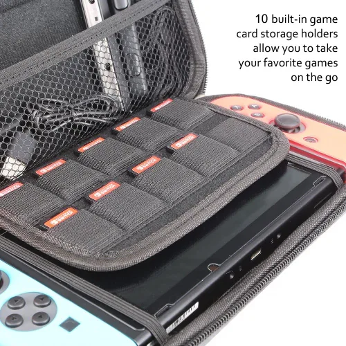Vista 6 de TJS Case for Nintendo Switch with 2 Pack Tempered Glass Screen Protector Carbon Fiber Texture Hard Travel Carrying Case Shell Carry Pouch - Black