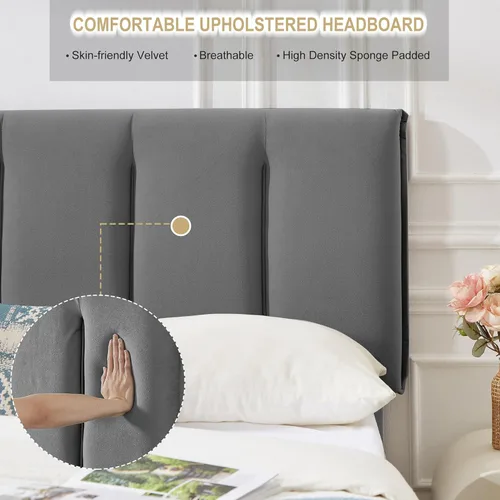 Vista 5 de VECELO Base de cama con cabecera tapizada, base de colchón de plataforma con fuerte soporte de listones de madera, no necesita somier, fácil