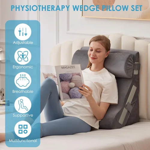 Vista 7 de MEGCXIT Juego de 3 almohadas de cuña para cabecero, almohada de cuña ajustable para apnea del sueño, juego de cuña triangular de 23 pulgadas de Gris