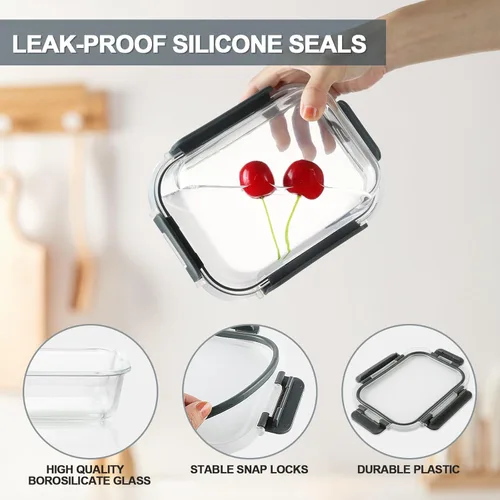 Vista 3 de Recipientes de vidrio para almacenamiento de alimentos KAMOTA, recipientes de vidrio gris para preparación de comidas, recipientes herméticos