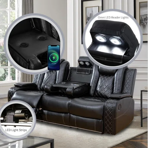 Vista 3 de Juego de sillón reclinable eléctrico con luces LED, juego reclinable de cuero sintético con puerto USB/cargador inalámbrico/consola