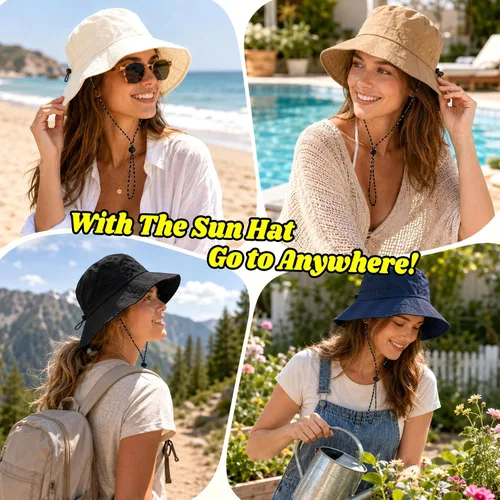 Vista 6 de NPQQUAN Sun Bucket Hats for Woman Men Lightweight Sun Hat Packable Foldable Beige