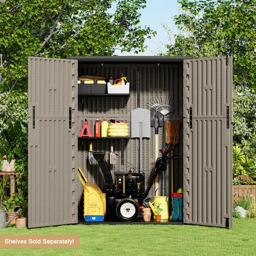 Vista 5 de KINYING Gabinete de Almacenamiento para Exteriores Impermeable, Cobertizo Vertical de Resina de 57 Pies Cúbicos para Muebles de Patio, Herramientas