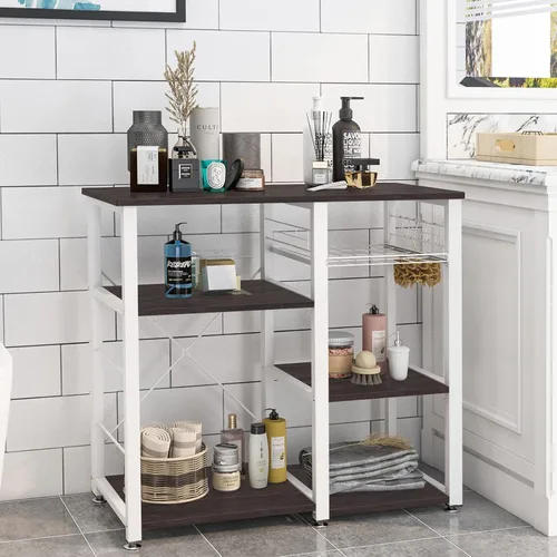 Vista 4 de SogesGame Estante de cocina para horno de microondas de 3 niveles, estante de almacenamiento con ganchos, estación de trabajo multifuncional