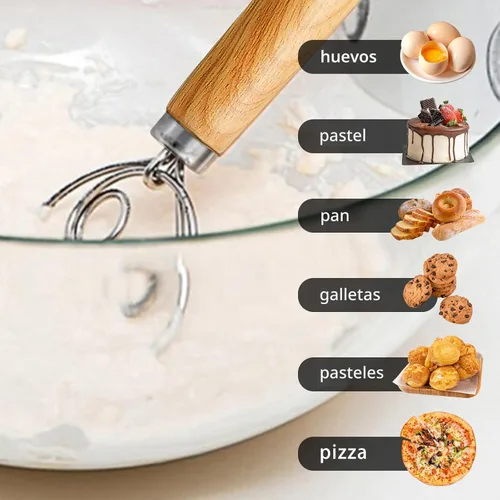 Vista 8 de TEEVEA Batidor de masa danesa Mango de madera de acero inoxidable para hornear pan de pizza de masa madre