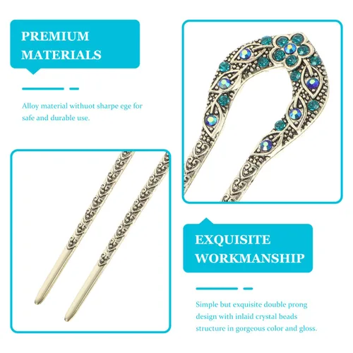 Vista 6 de Lurrose Pin de pelo de doble punta en forma de U de cristal Chignon Horquilla Stick Accesorio de peinado para mujeres niñas (azul)