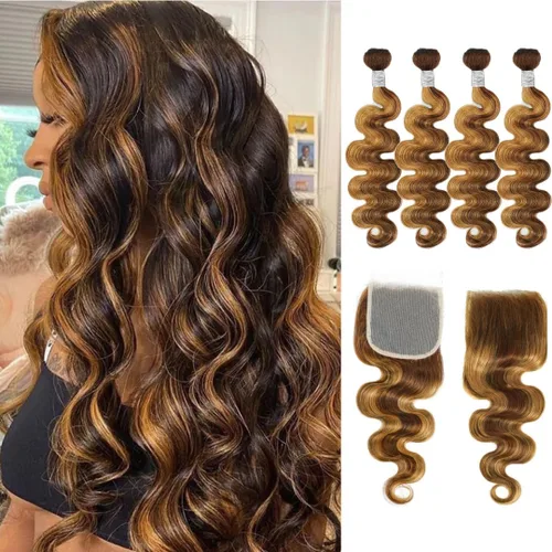 Vista 46 de ALHER Cierre de Encaje 4x4 Body Wave Rubio Miel con Mechas Marrones Ombré 4/27 Coloreado Cierre 4x4 Ondulado Raya Libre Melt 10 Pulgadas 12A