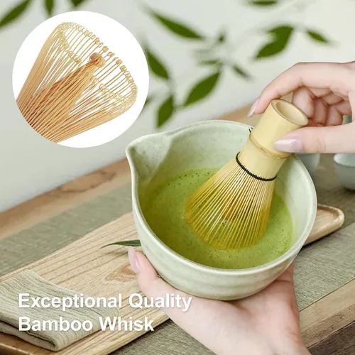 Vista 3 de Juego de batidor de matcha verde, kit de té japonés con batidor y cuchara de bambú, Chawan de cerámica con boquilla para ceremonia de té