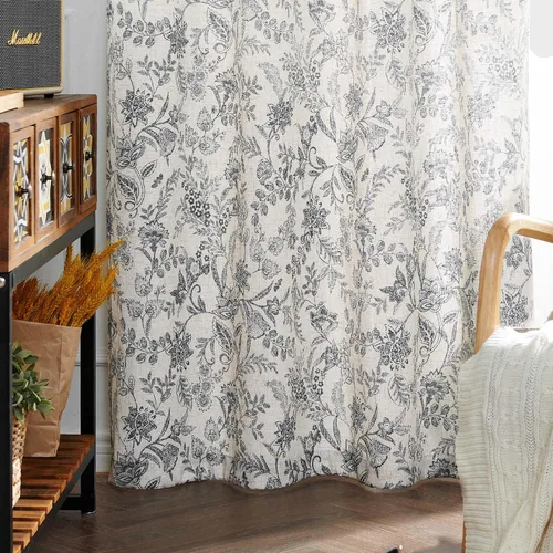 Vista 6 de Lazzzy Cortinas de Lino Estilo Granja Estampado Floral Negro de 63 Pulgadas de Largo, Cortinas con Pestaña Trasera para Sala de Estar y Dormitorio