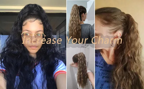 Vista 6 de Extensiones de cabello ondulado con cola de caballo, 22 pulgadas de largo, ondulado, rizado, envolvente, cola de caballo, resistente al calor