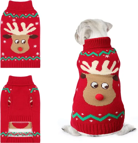 Vista 12 de Suéter navideño de cuello alto para perro, suéter de invierno de renos y copos de nieve con agujero para la correa, suéter de punto para cachorros