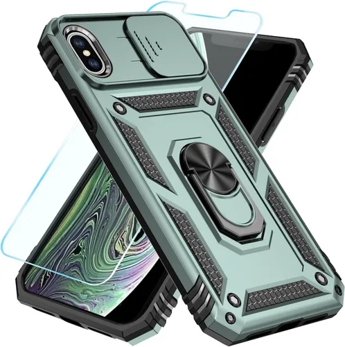 Vista 6 de SunStory - Funda compatible con iPhone 11 Pro con protector de pantalla HD y funda deslizante para la cámara y soporte giratorio con anillo