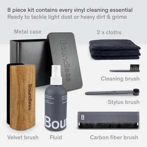 Vista 3 de Boundless Audio Kit de limpieza de discos de vinilo - Kit limpiador de vinilo 8-en-1 Incluye cepillos de fibra de carbono y terciopelo, cepillo