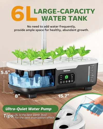 Vista 6 de Kit de sistema de cultivo hidropónico Misting de 15 cápsulas para jardín de hierbas inteligente para interiores con panel táctil LCD de 6 L, tanque