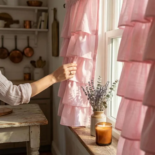 Vista 7 de Pink Ruffle Cafe Curtains 24 Inch Length Water Repellent Double Layer Kitchen Window Tiered Treatments 2 Panels for Bathroom Laundry RV Farmhouse