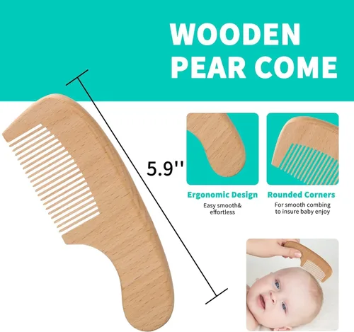 Vista 6 de Juego de cepillos de pelo de cabra para bebé, peine de madera para masaje, peine de cuero cabelludo, kit de cuidado natural seguro para el cabello