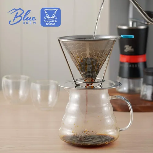Vista 5 de Blue Brew Gama de vidrio transparente Servidor de café para verter sobre café y té, 20.3 fl oz (20 onzas) resistente al calor, jarra, cafetera