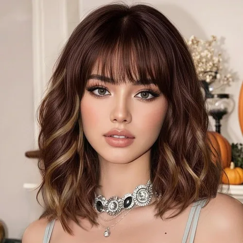 Vista 4 de AISI HAIR Peluca rizada estilo Bob con flequillo, pelucas cortas onduladas de color rubio arena para mujer, estilo Bob, pelucas sintéticas