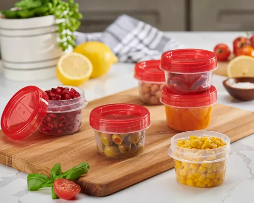 Vista 3 de PLASTICPRO Paquete de 6 recipientes de almacenamiento de alimentos con tapa giratoria con rosca roja, recipientes reutilizables de 4 onzas