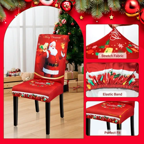 Vista 2 de 6 PCS Christmas Dining Chair Covers, Stretch Removable Washable Dining Room Chair Protector Slipcovers, Santa Claus Deer Kitchen Chair Cover