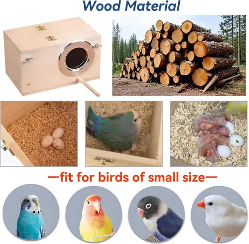 Vista 5 de JSLZF Nido de pájaros, caja nido de periquitos, caja de cría de pájaros con perca, caja nido de madera para pájaros, loros, agapornis, loros
