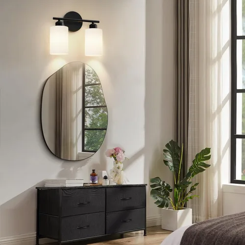 Vista 7 de Luminarias de baño de 2 luces, luces de tocador modernas negras con pantallas de vidrio esmerilado blanco lechoso, lámpara de pared de baño