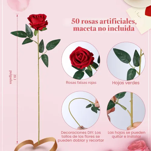 Vista 5 de 50 rosas artificiales rojas, rosas falsas con tallos, rosas de seda realistas para ramos de boda, mesas, centros de mesa, arreglos, baby shower Rojo