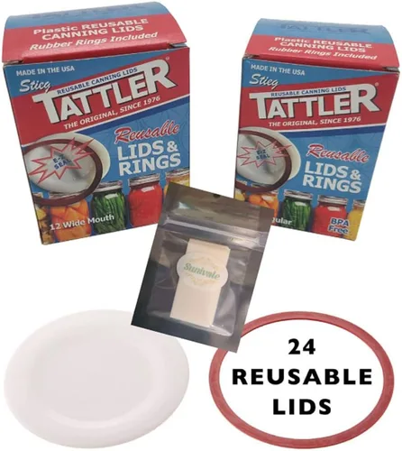 Vista 4 de El paquete de tapas reutilizables para conservas incluye 12 tapas y anillos de boca ancha y 12 de boca regular y 24 etiquetas solubles para tarros