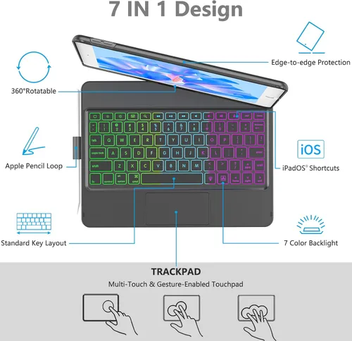 Vista 4 de COO Funda con teclado para iPad 10.2" 9ª/8ª/7ª generación, para iPad Air 10.5" (3ª generación) / para iPad Pro 10.5", con retroiluminación de 10