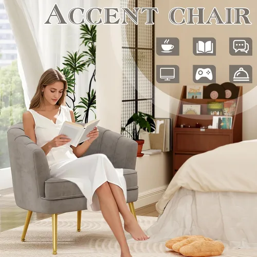 Vista 7 de Silla de acento de terciopelo Andeworld, silla de sofá individual moderna tapizada, sillón de club de barril cómodo para sala de estar con patas