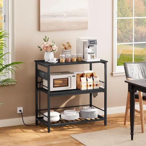 Vista 2 de HOOBRO Isla de Cocina con Almacenamiento, Mesa de Isla de Cocina con Toma de Corriente, 35.4" L Estación de Café de 3 Niveles y Soporte para Negro