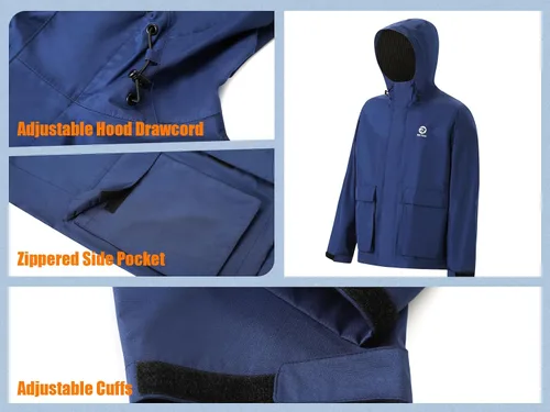 Vista 2 de Rizzon Traje de lluvia de pesca para hombre, impermeable, chaqueta de lluvia, pantalones con capucha, equipo de clima sucio marino