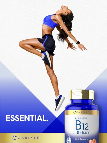 Vista 6 de Carlyle Vitamina B12 5000 mcg Sublingual 250 tabletas de disolución rápida Alta potencia Sabor natural de bayas Vegetariano, sin OMG y sin