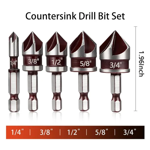 Vista 2 de Juego de brocas avellanadas de 82 grados, 5 flautas de cambio rápido, vástago hexagonal, juego de brocas avellanadas para madera, metal y plástico